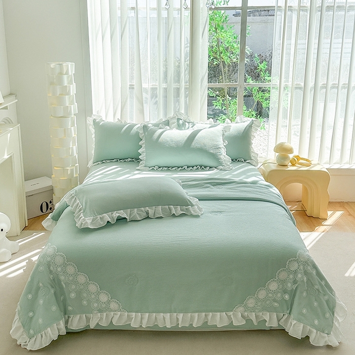 91家纺网 家纺一手货源 找家纺 唐人居 2025新款韩版花边泡泡纱夏被四件套--简爱  简爱 绿