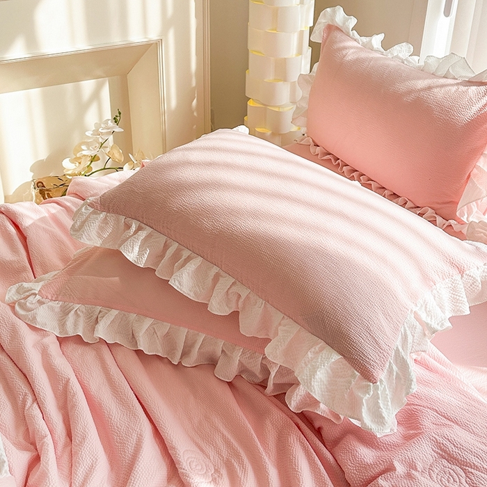 91家纺网 家纺一手货源 找家纺 唐人居 2025新款韩版花边泡泡纱夏被四件套--简爱  简爱 玉