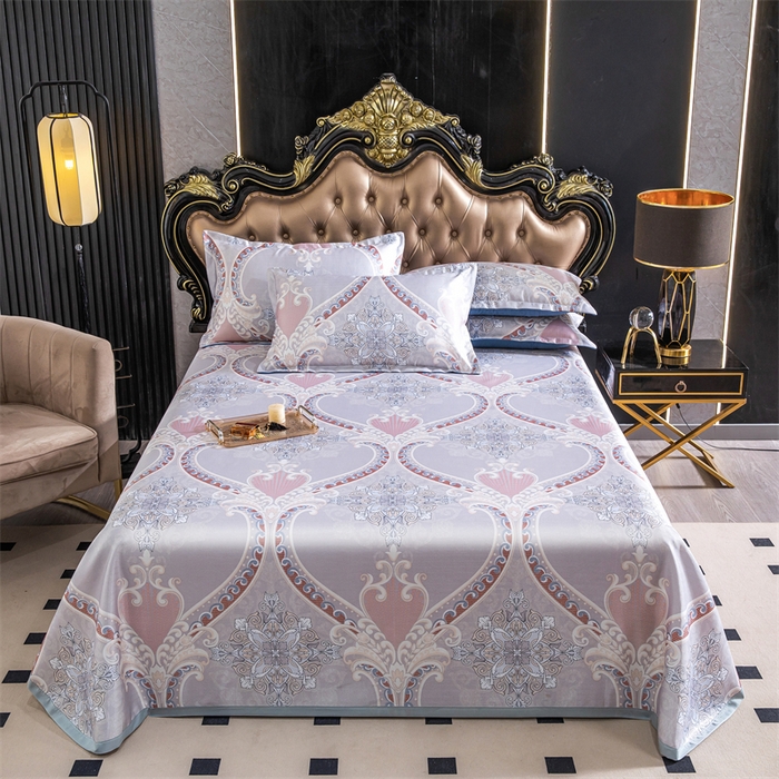 91家纺网 家纺一手货源 找家纺 席之家 2024新款冰丝印花凉席三件套 欧式典雅粉