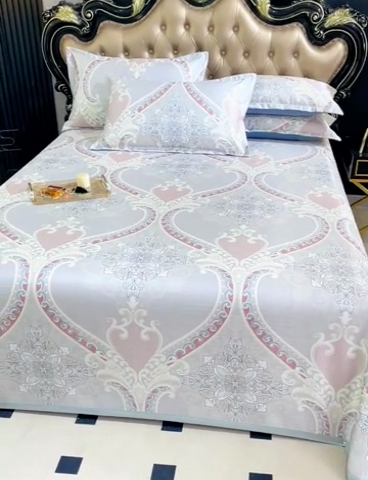 91家纺网 家纺一手货源 找家纺 席之家 2024新款冰丝印花凉席三件套 欧式典雅粉