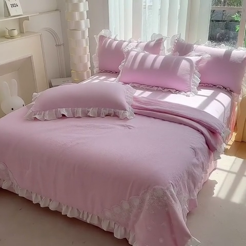 91家纺网 家纺一手货源 找家纺 唐人居 2025新款韩版花边泡泡纱夏被四件套--简爱  简爱 粉