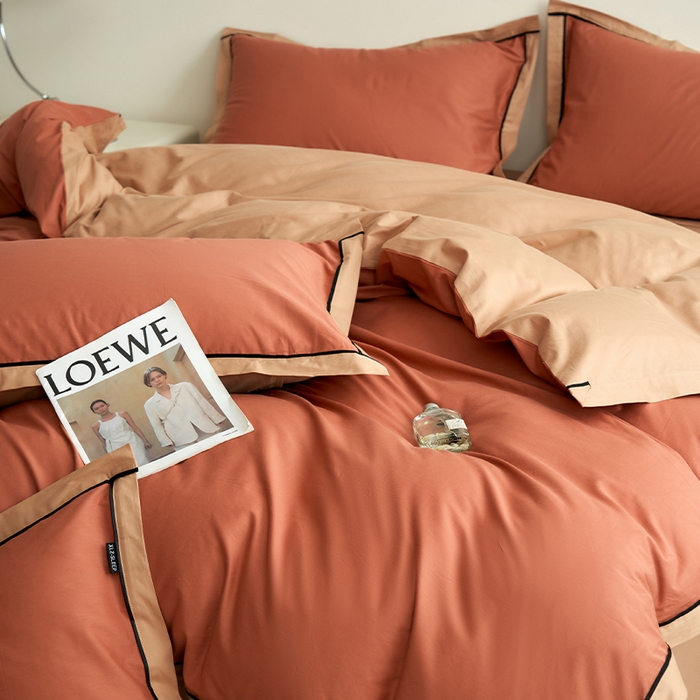 91家纺网 家纺一手货源 找家纺 小懒猪 2024新款全棉斜纹精梳棉双拼色拼角包边款四件套 拼角蜜棕红-茶棕