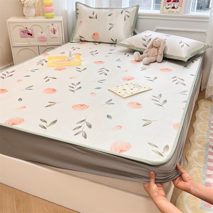 91家纺网 家纺一手货源 找家纺 慕尚 2025新款800D冰藤凉席 玉兰花-床笠款