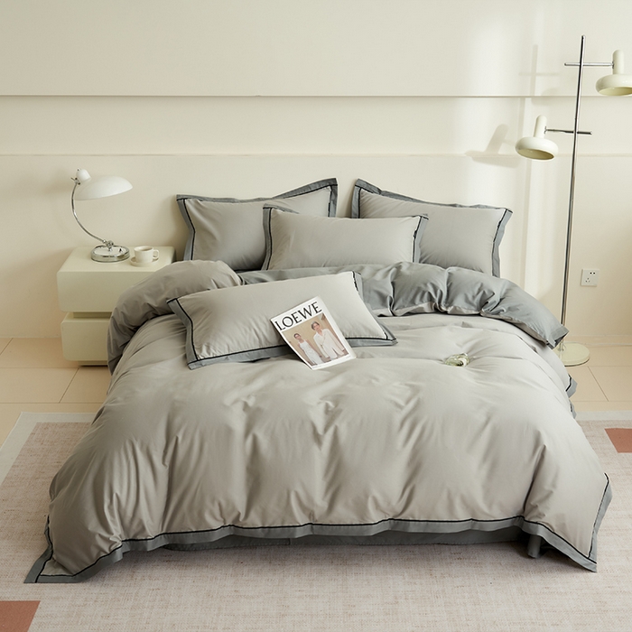 91家纺网 家纺一手货源 找家纺 小懒猪 2024新款全棉斜纹精梳棉双拼色拼角包边款四件套 拼角椰子灰-月岩灰