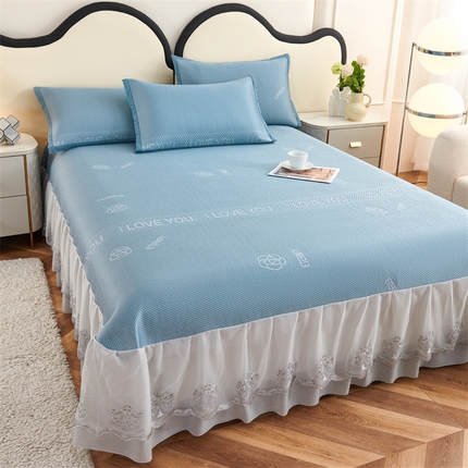 91家纺网 家纺一手货源 找家纺 宜派家纺 2024新款雪花冷感席三件套床裙款 爱恋-蓝