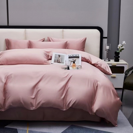 91家纺网 家纺一手货源 找家纺 玖玖爱 2024春夏新款180s天丝棉纯色四件套床品套件 冰莓粉