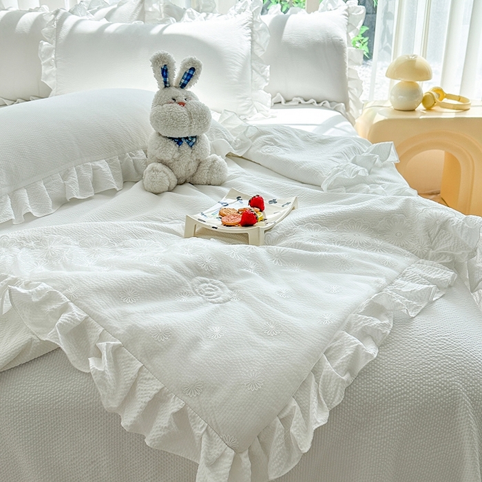 91家纺网 家纺一手货源 找家纺 唐人居 2025新款韩版花边泡泡纱夏被四件套--简爱  简爱 白
