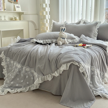 唐人居 2025新款韩版花边泡泡纱夏被四件套--简爱  简爱 灰