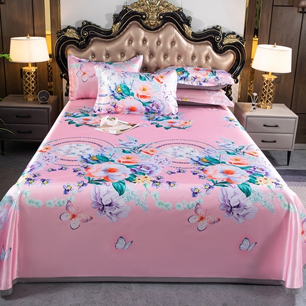 91家纺网 家纺一手货源 找家纺 席之家 2024新款冰丝印花凉席三件套 花开富贵粉