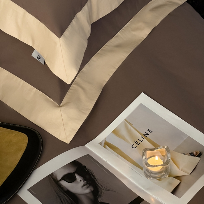 91家纺网 家纺一手货源 找家纺 金麦家纺 2024新款A类全棉水洗棉礼盒装纯色双拼系列四件套 太妃咖-香槟