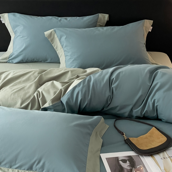 91家纺网 家纺一手货源 找家纺 金麦家纺 2024新款A类全棉水洗棉礼盒装纯色双拼系列四件套 宾利兰-繁星蓝