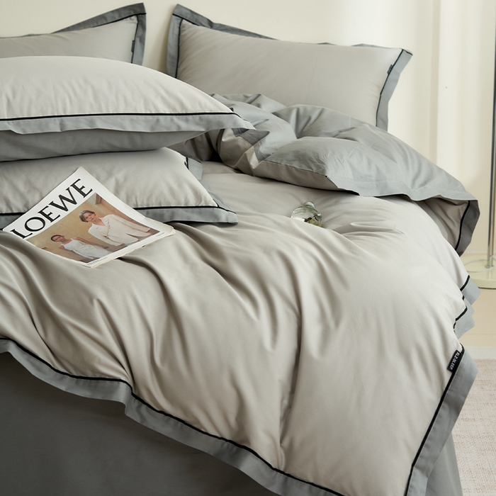 91家纺网 家纺一手货源 找家纺 小懒猪 2024新款全棉斜纹精梳棉双拼色拼角包边款四件套 拼角椰子灰-月岩灰