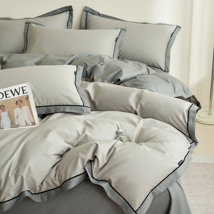 91家纺网 家纺一手货源 找家纺 小懒猪 2024新款全棉斜纹精梳棉双拼色拼角包边款四件套 拼角椰子灰-月岩灰