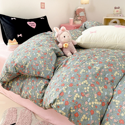 91家纺网 家纺一手货源 找家纺 花漾 2024新款ins毛巾绣小清新多巴胺田园风13372全棉纯棉四件套 满园春色