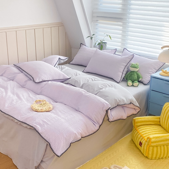 91家纺网 家纺一手货源 找家纺 羋多 2024新款贝壳边雨泡泡棉泡泡纱双层纱四件套 香芋紫+雅士灰