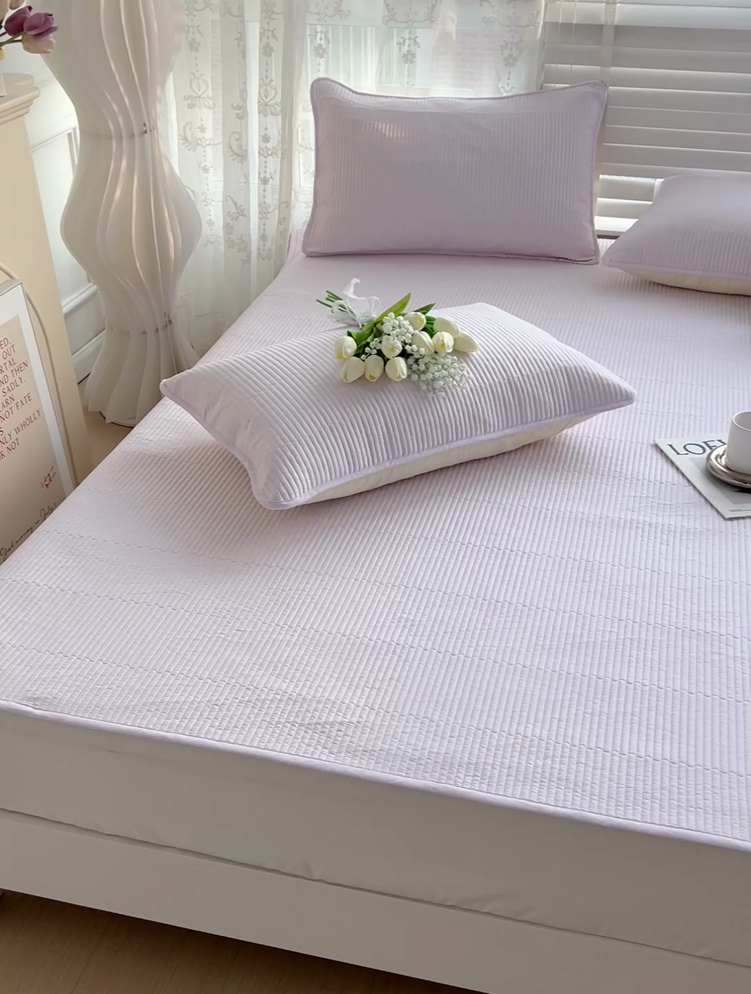 91家纺网 家纺一手货源 找家纺 羽爱2024新款全棉直角纯色床盖床垫 浅紫