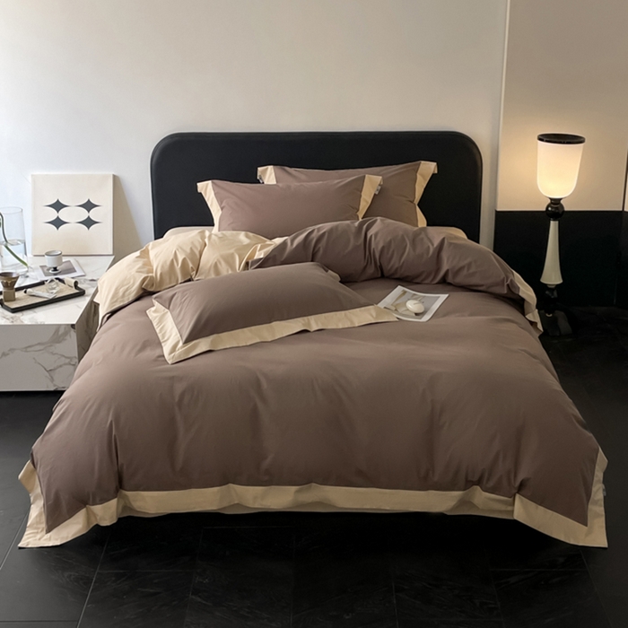 91家纺网 家纺一手货源 找家纺 金麦家纺 2024新款A类全棉水洗棉礼盒装纯色双拼系列四件套 太妃咖-香槟