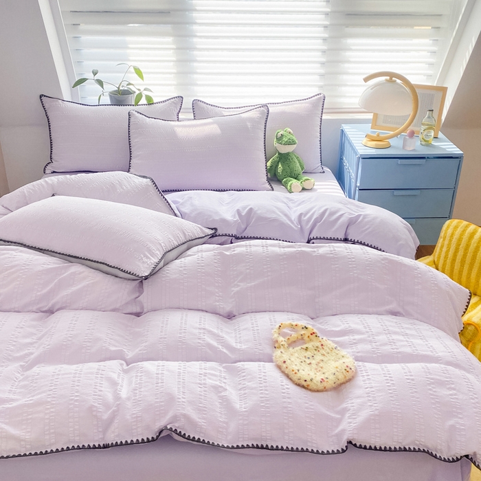 91家纺网 家纺一手货源 找家纺 羋多 2024新款贝壳边雨泡泡棉泡泡纱双层纱四件套 香芋紫