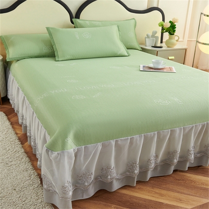 91家纺网 家纺一手货源 找家纺 宜派家纺 2024新款雪花冷感席三件套床裙款 爱恋-绿