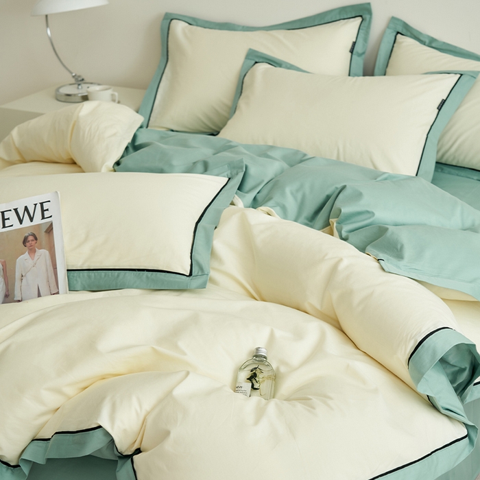 91家纺网 家纺一手货源 找家纺 小懒猪 2024新款全棉斜纹精梳棉双拼色拼角包边款四件套 拼角奶昔白-烟波绿