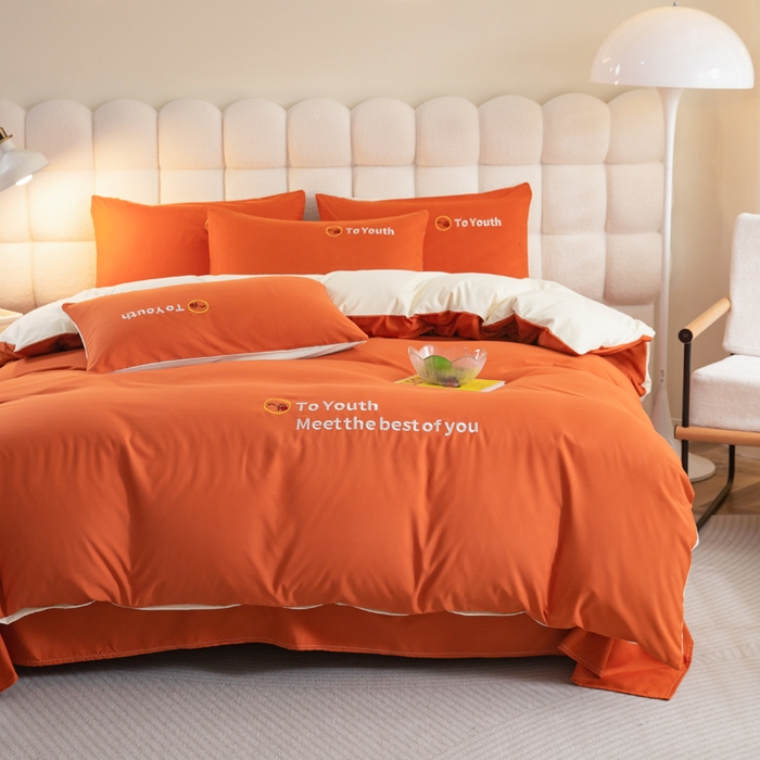 91家纺网 家纺一手货源 找家纺 梦恬佳 2024新款水洗磨毛四件套 海棠橙