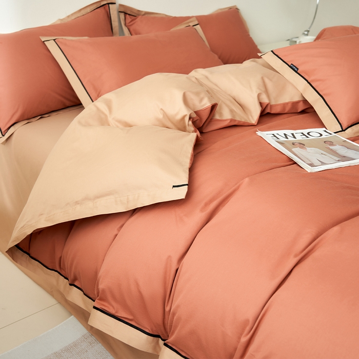 91家纺网 家纺一手货源 找家纺 小懒猪 2024新款全棉斜纹精梳棉双拼色拼角包边款四件套 拼角蜜棕红-茶棕