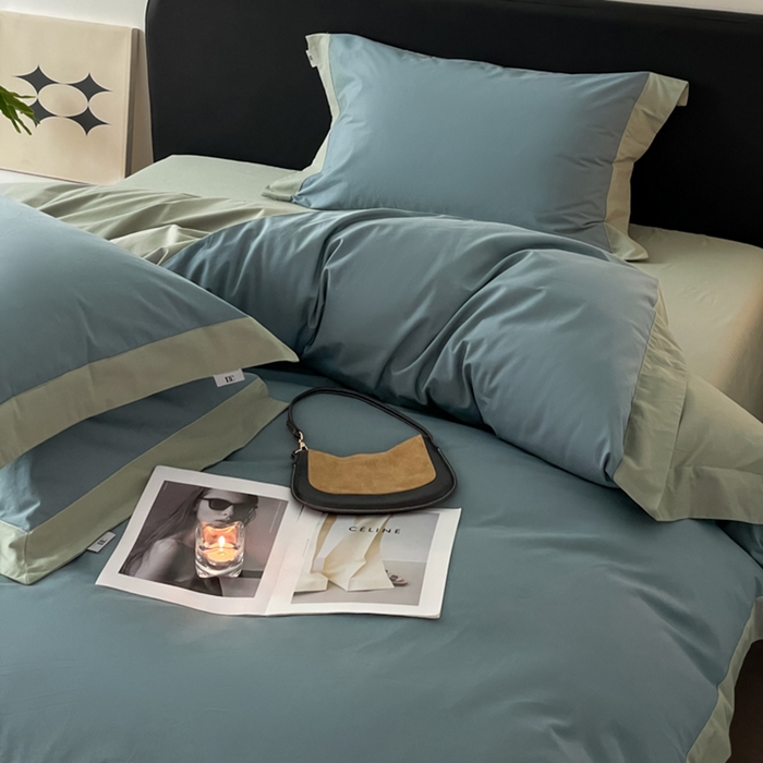 91家纺网 家纺一手货源 找家纺 金麦家纺 2024新款A类全棉水洗棉礼盒装纯色双拼系列四件套 宾利兰-繁星蓝