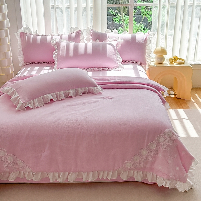 91家纺网 家纺一手货源 找家纺 唐人居 2025新款韩版花边泡泡纱夏被四件套--简爱  简爱 粉