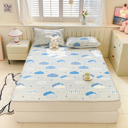 91家纺网 家纺一手货源 找家纺 寐居 2024新款时尚印花凉感丝乳胶凉席三件套 春雨绵绵