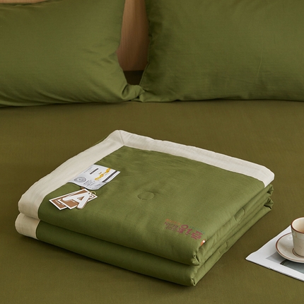 91家纺网 家纺一手货源 找家纺 梦享生活家居 2024新款A类双层纱全棉提花大豆夏被 橄榄绿