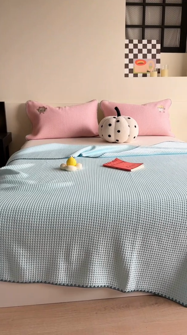 91家纺网 家纺一手货源 找家纺 柚子YOUTH 2024新款双面华夫格盖毯空调毯 疯狂星期四