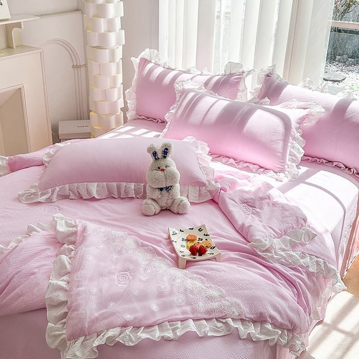 91家纺网 家纺一手货源 找家纺 唐人居 2025新款韩版花边泡泡纱夏被四件套--简爱  简爱 粉