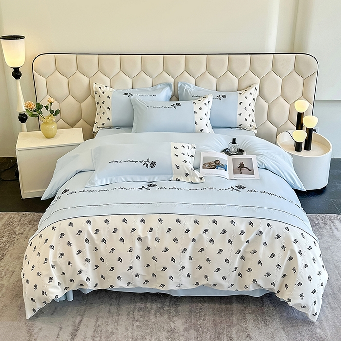 91家纺网 家纺一手货源 找家纺 梦舒羽 2025新款 莱赛尔天丝四件套-玫瑰之约 玫瑰之约-蓝