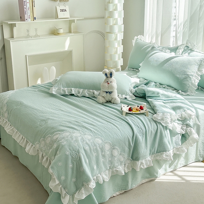 91家纺网 家纺一手货源 找家纺 唐人居 2025新款韩版花边泡泡纱夏被四件套--简爱  简爱 绿