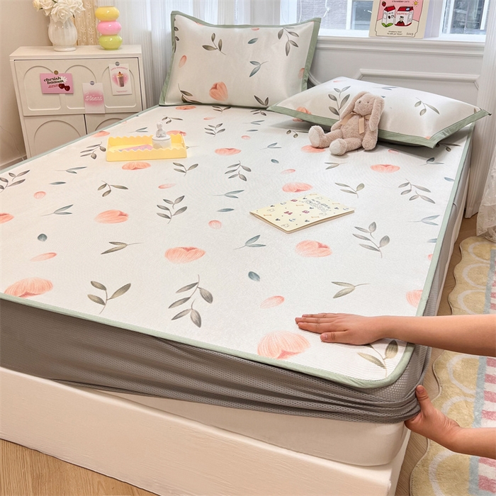 91家纺网 家纺一手货源 找家纺 慕尚 2025新款800D冰藤凉席 玉兰花-床笠款