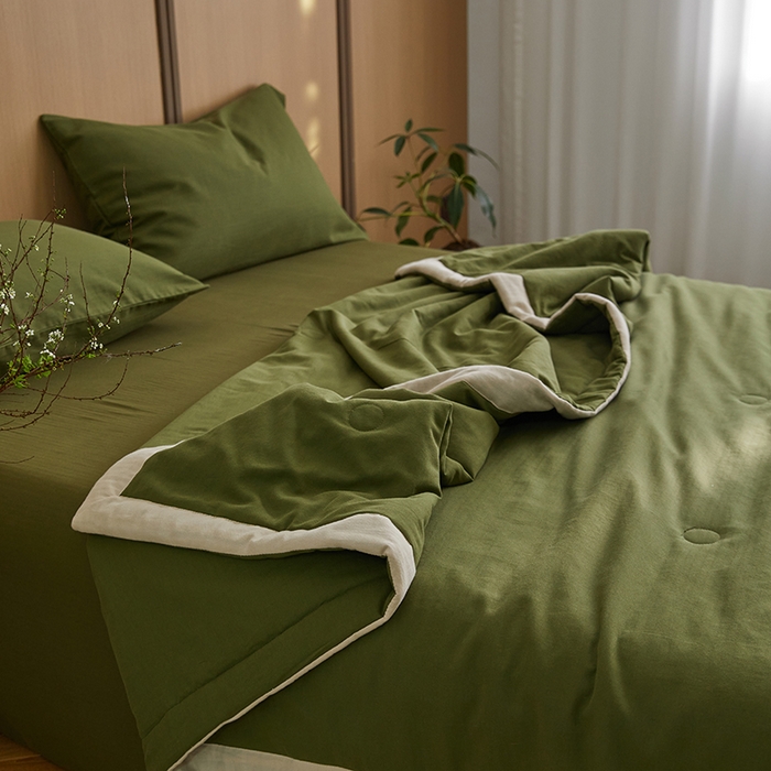 91家纺网 家纺一手货源 找家纺 梦享生活家居 2024新款A类双层纱全棉提花大豆夏被 橄榄绿