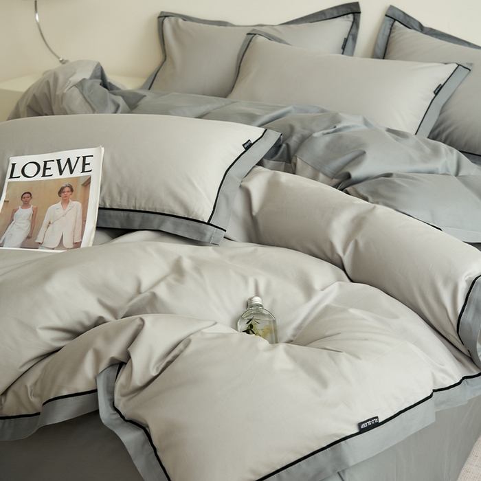 91家纺网 家纺一手货源 找家纺 小懒猪 2024新款全棉斜纹精梳棉双拼色拼角包边款四件套 拼角椰子灰-月岩灰