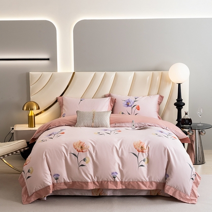 91家纺网 家纺一手货源 找家纺 OL家纺 2024新款纯棉全活性印花四件套系列 欧菲娜-粉