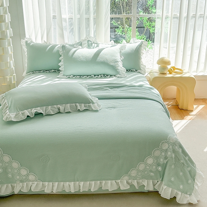 91家纺网 家纺一手货源 找家纺 唐人居 2025新款韩版花边泡泡纱夏被四件套--简爱  简爱 绿