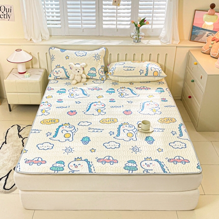 91家纺网 家纺一手货源 找家纺 寐居 2024新款时尚印花凉感丝乳胶凉席三件套 恐龙乐园