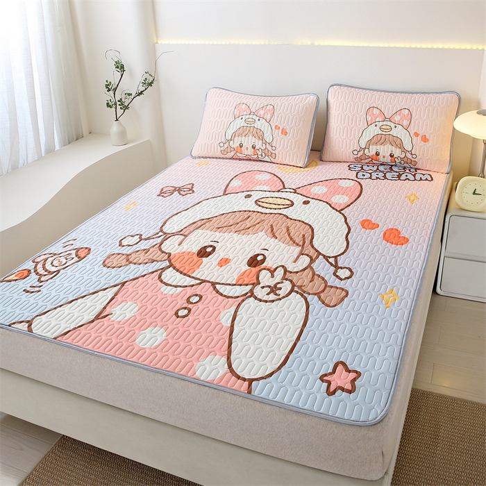 91家纺网 家纺一手货源 找家纺 美丽折家纺 2025新款6mm厚大版卡通乳胶凉席 波点女孩