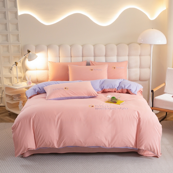 91家纺网 家纺一手货源 找家纺 梦恬佳 2024新款水洗磨毛四件套 粉紫色