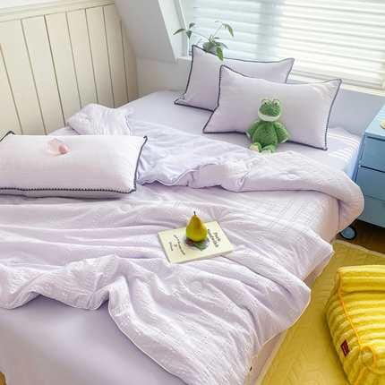 91家纺网 家纺一手货源 找家纺 （总）羋多家纺 2024新款麻绳边纯色雨泡泡棉泡泡纱双层纱夏被四件套系列