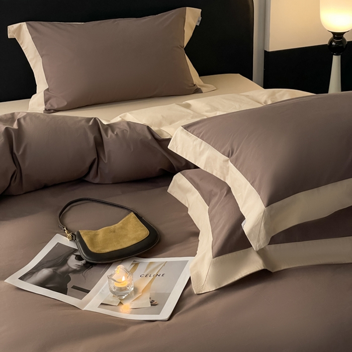 91家纺网 家纺一手货源 找家纺 金麦家纺 2024新款A类全棉水洗棉礼盒装纯色双拼系列四件套 太妃咖-香槟