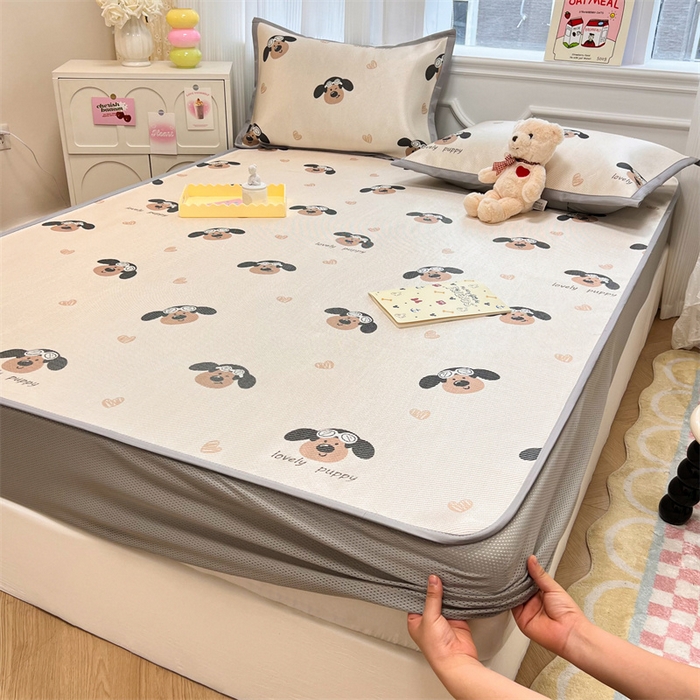 91家纺网 家纺一手货源 找家纺 慕尚 2025新款800D冰藤凉席 萌萌狗-床笠款