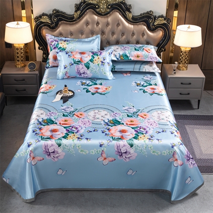 91家纺网 家纺一手货源 找家纺 席之家 2024新款冰丝印花凉席三件套 花开富贵蓝