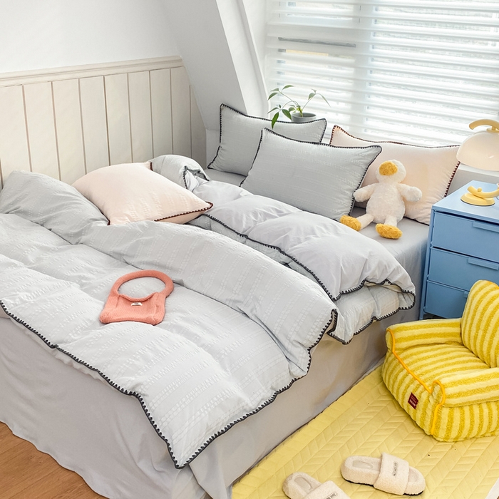 91家纺网 家纺一手货源 找家纺 羋多 2024新款贝壳边雨泡泡棉泡泡纱双层纱四件套 雅士灰