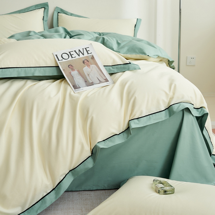 91家纺网 家纺一手货源 找家纺 小懒猪 2024新款全棉斜纹精梳棉双拼色拼角包边款四件套 拼角奶昔白-烟波绿