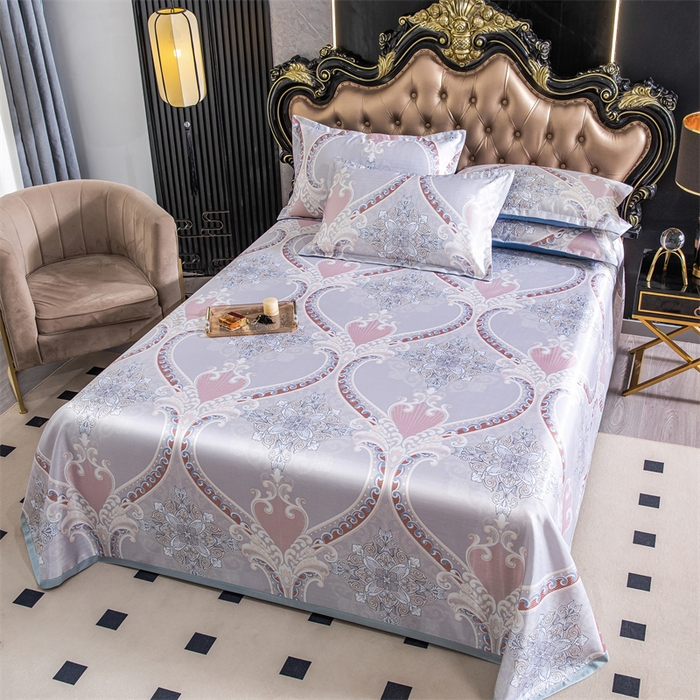 91家纺网 家纺一手货源 找家纺 席之家 2024新款冰丝印花凉席三件套 欧式典雅粉