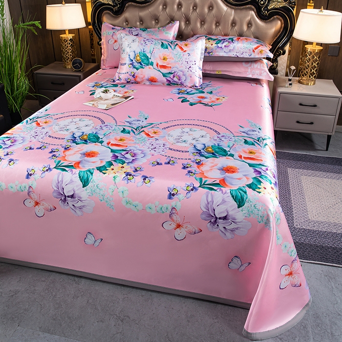 91家纺网 家纺一手货源 找家纺 席之家 2024新款冰丝印花凉席三件套 花开富贵粉